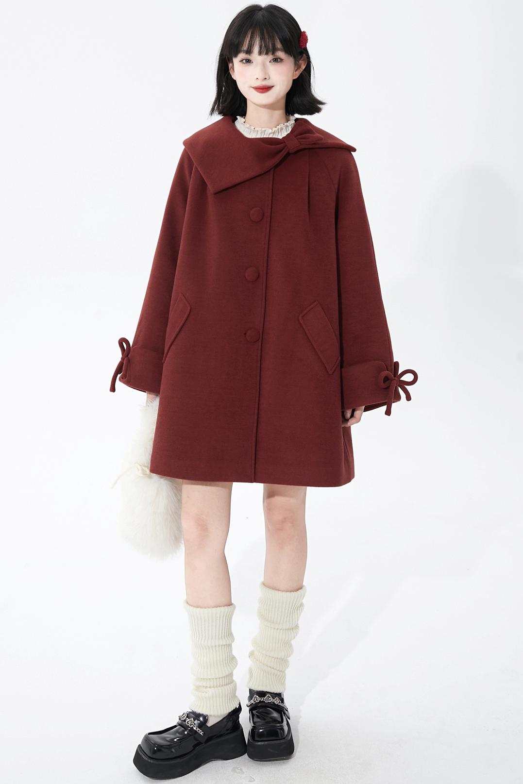 レッドアシンメトリーボウウールコート