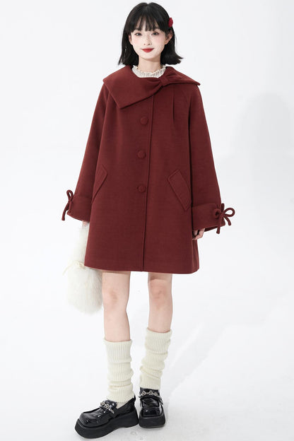 レッドアシンメトリーボウウールコート