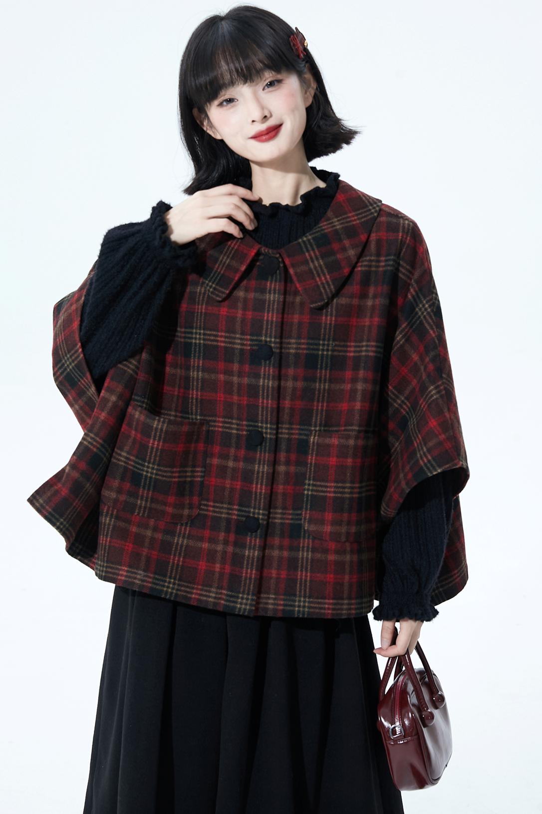 レッドブラウンチェックケープコート