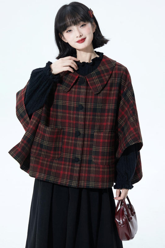レッドブラウンチェックケープコート