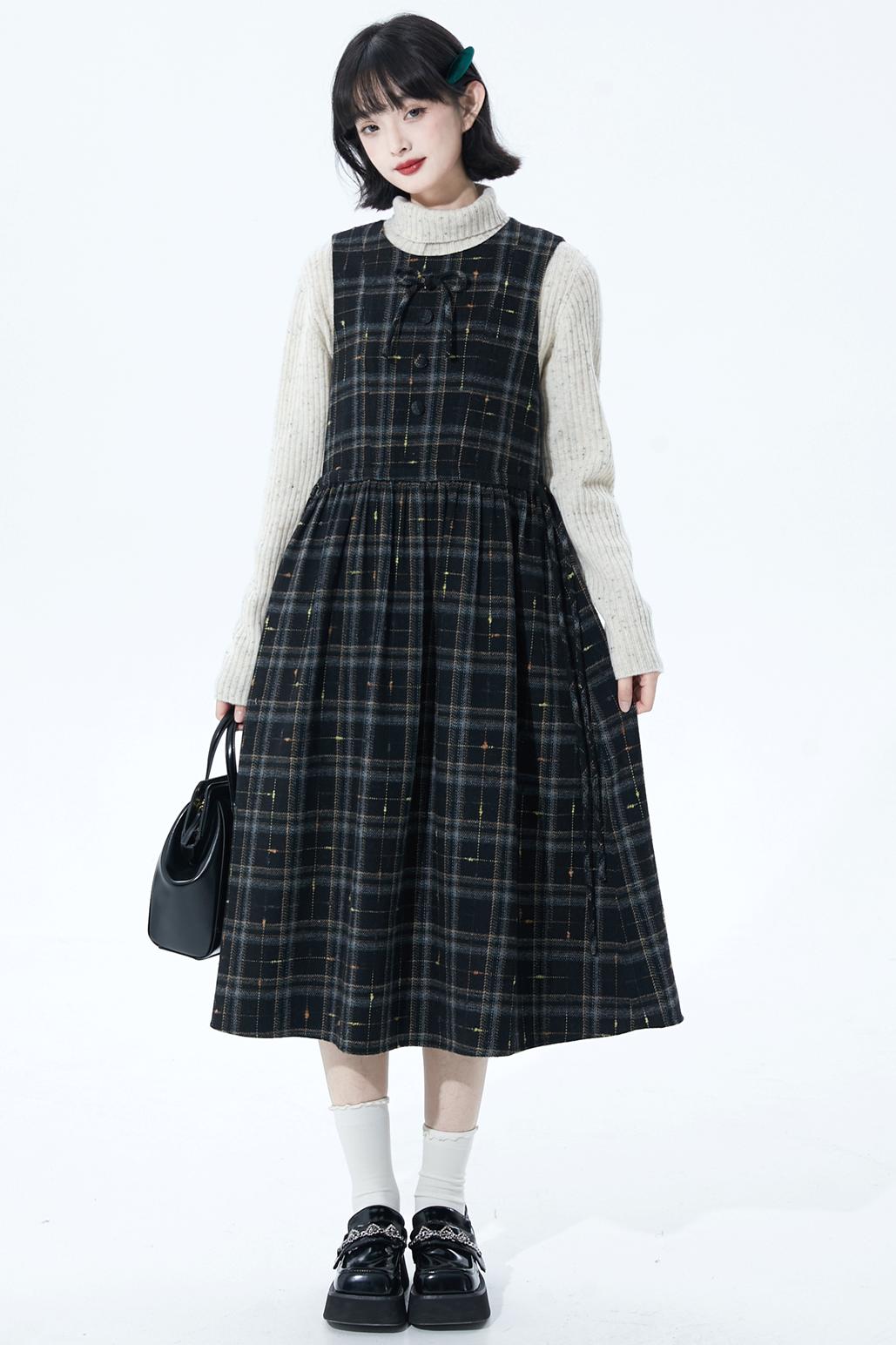 チェックパッチワークウールドレス