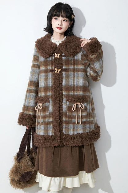 ブラウンチェックファーカラ―コート