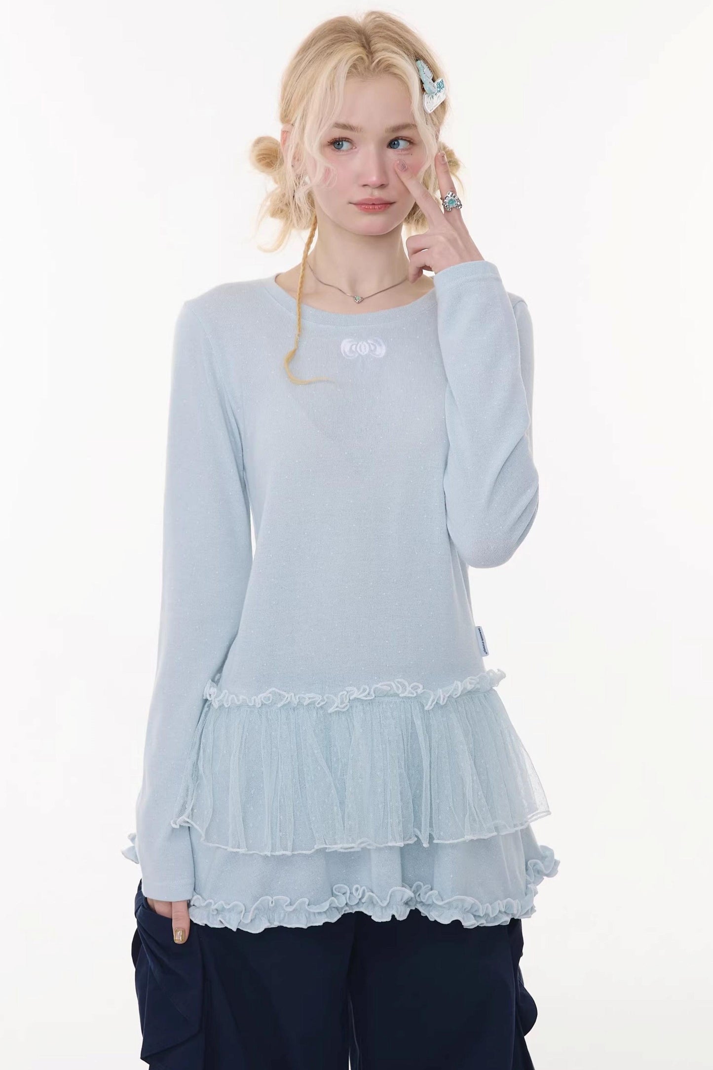 Lace Pleated Polka Dot Blouse