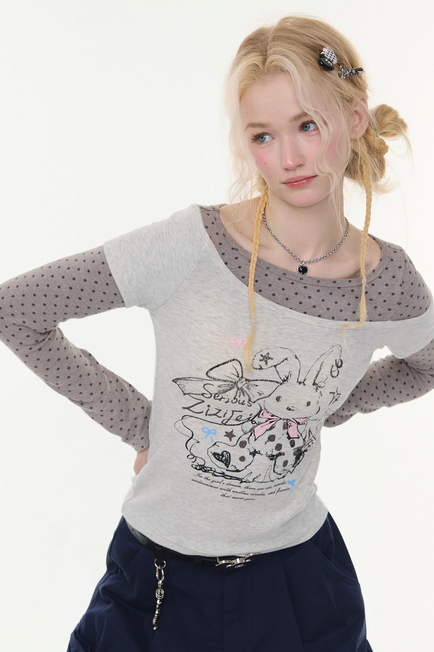 Gray Tone Rabbit Print Blouse