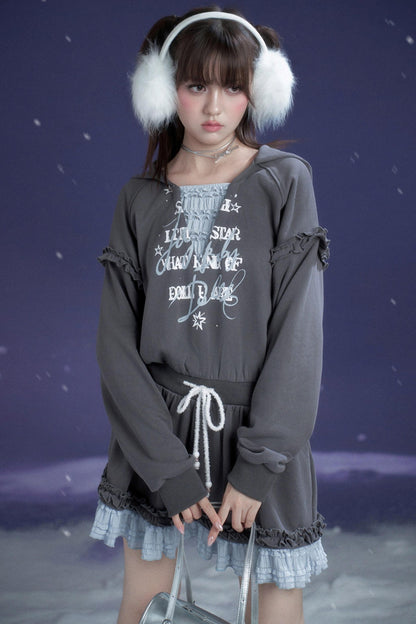 Gray-Blue Lace Hooded Dress