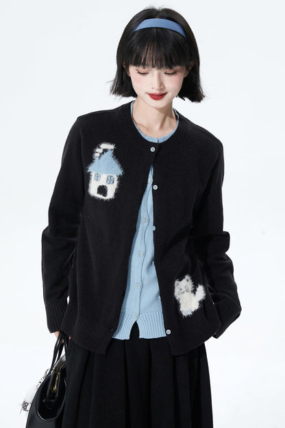 カラーブロックフロッキージャカードカーディガン