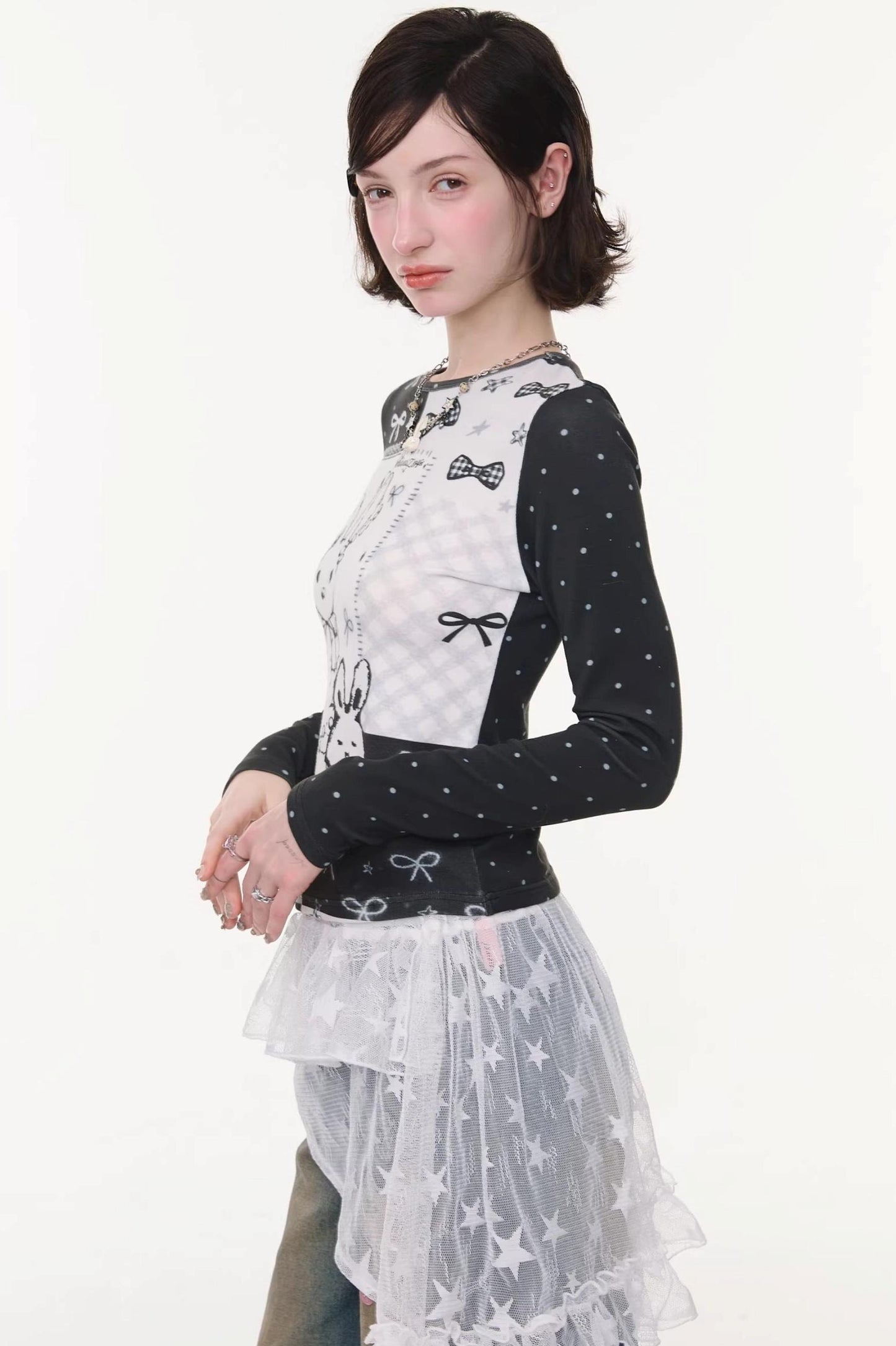 Rabbit Print Contrast Blouse