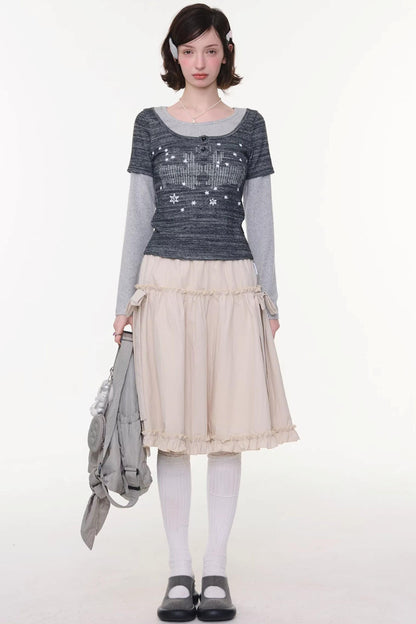 Vintage Bow Knot Khaki Midi Skirt