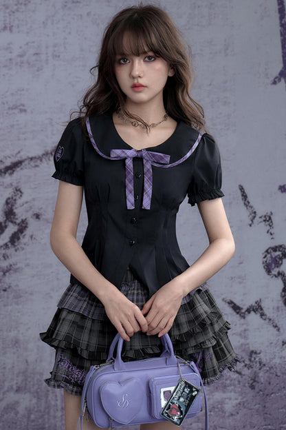 Black Purple Puff Sleeve Waist Shirt