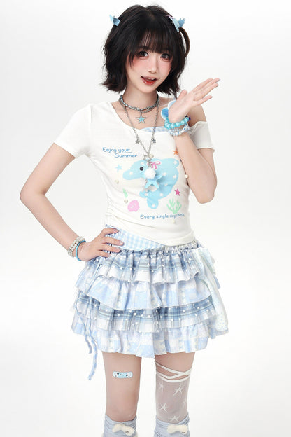 Haut d'été floral à épaules dénudées et effet deux-pièces à motif dauphin