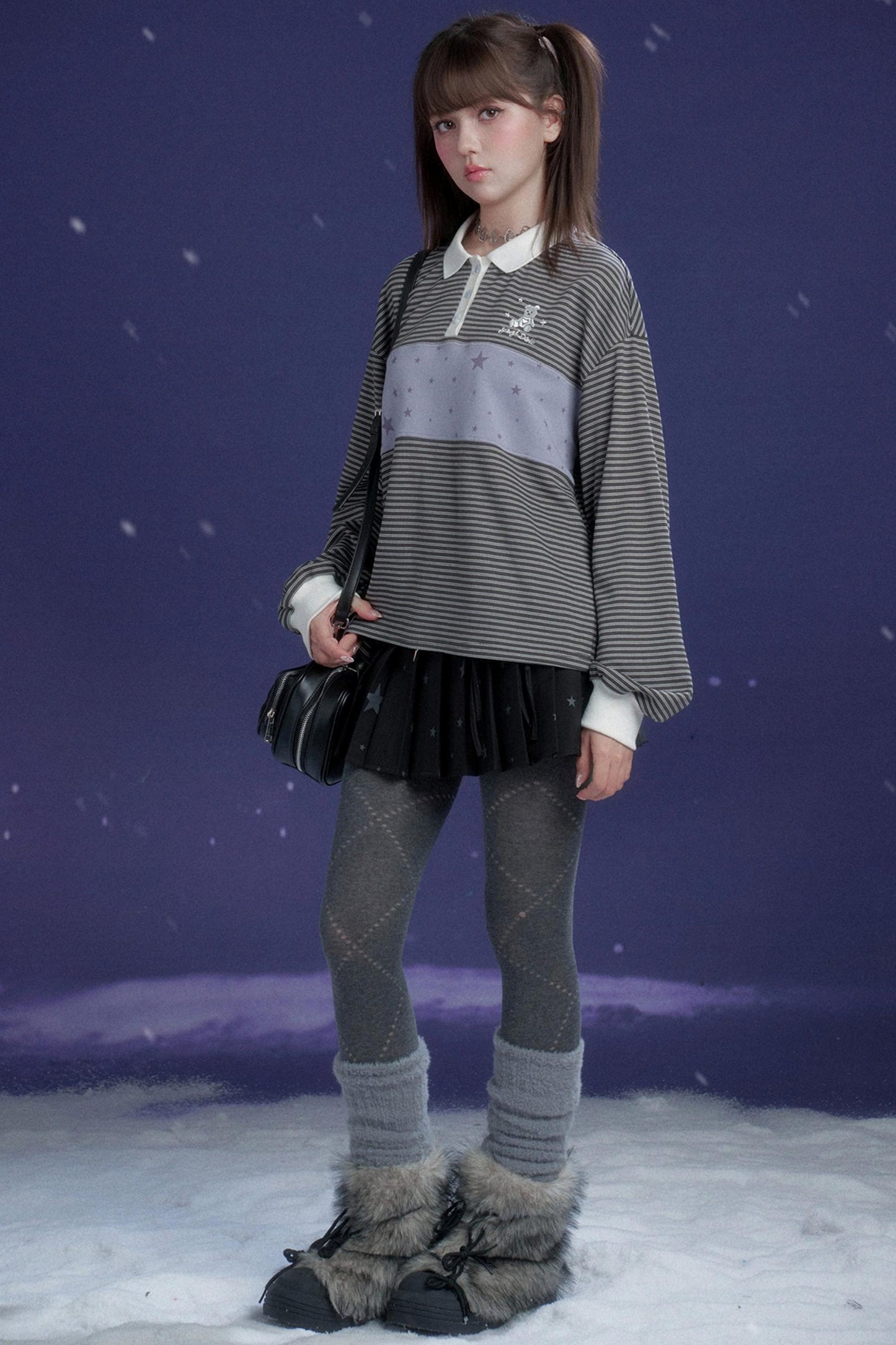 Gray and Purple Striped Polo Top