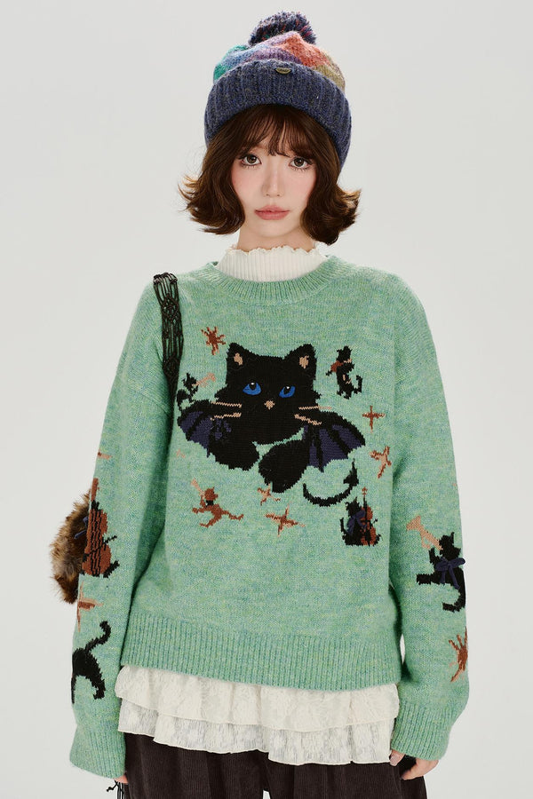 キャットジャガードレトロプルオーバートップス