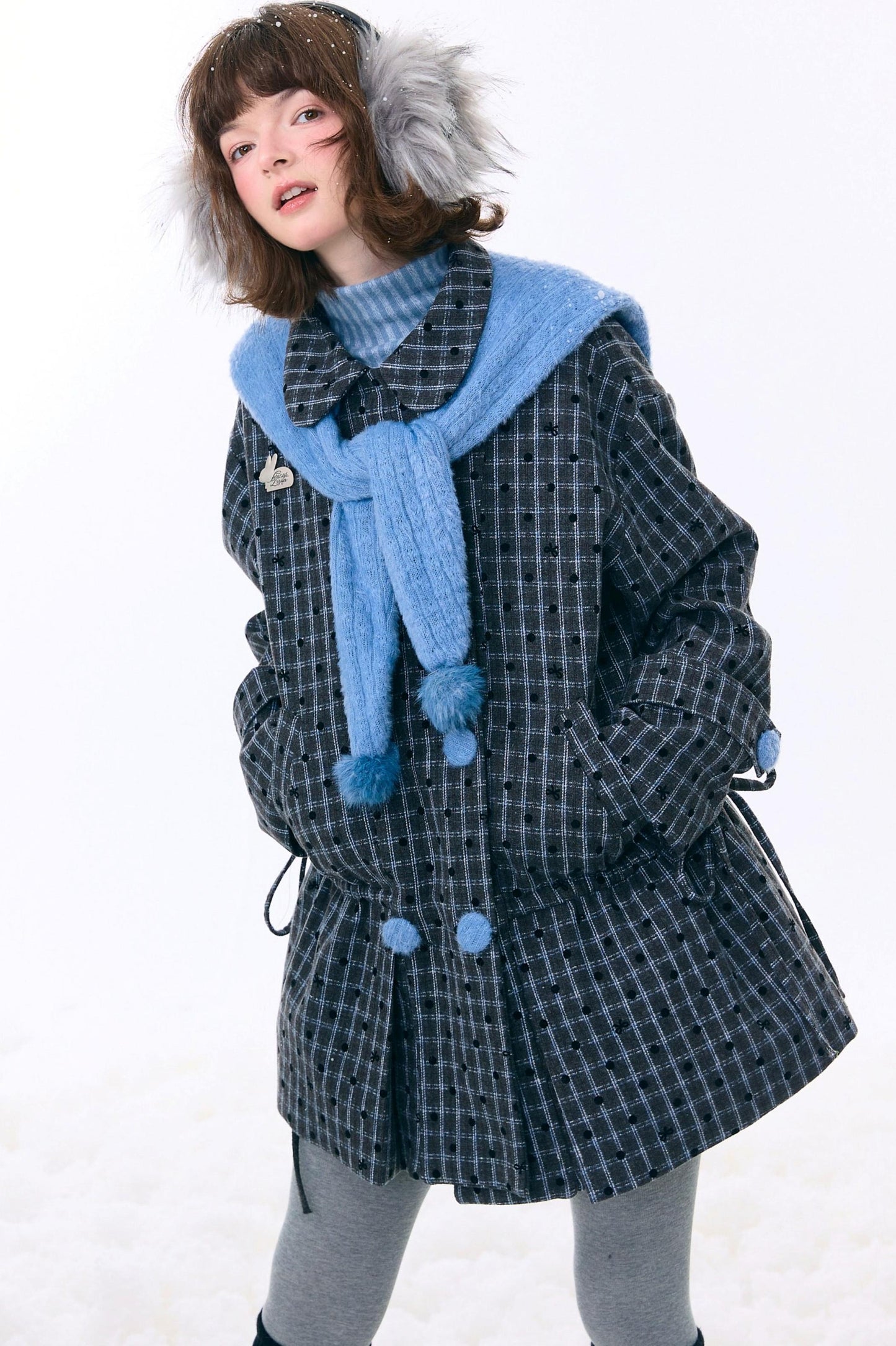 Checked Dot Doll Collar Coat