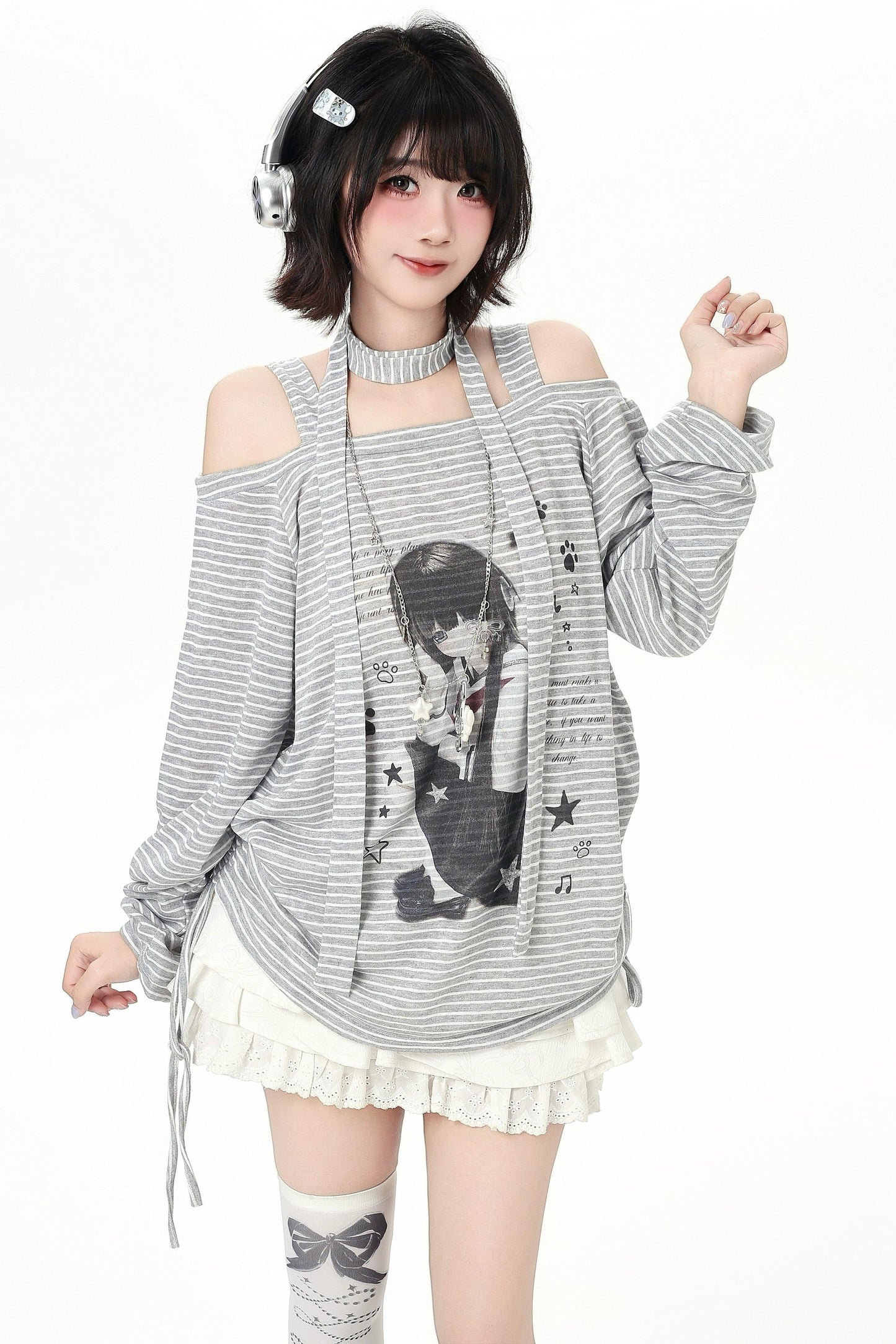 ストライプオフショルダードロストルーズロンT（ストール付き）