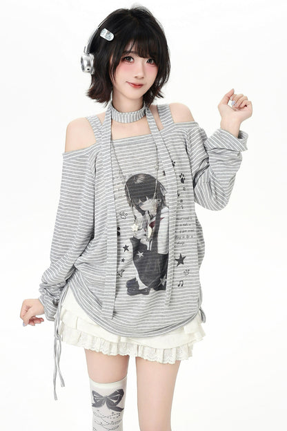 ストライプオフショルダードロストルーズロンT（ストール付き）