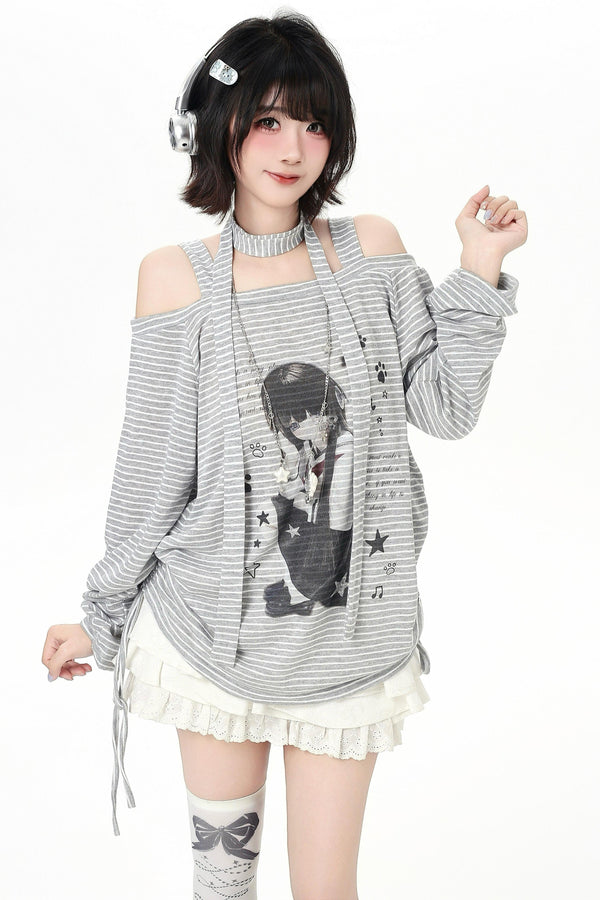 ストライプオフショルダードロストルーズロンT（ストール付き）