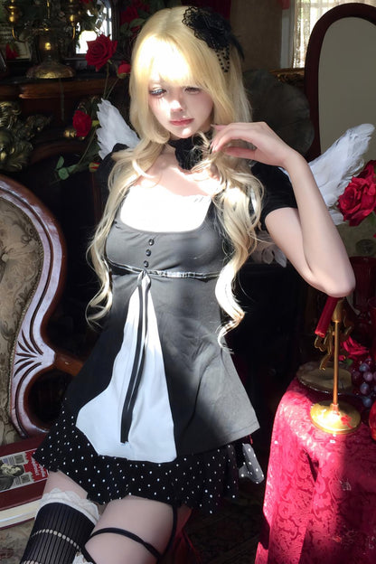 French Color Blocking A-Line Top + Skirt + Arm Sleeves