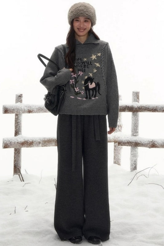 ポニーラペルカラーニットトップス