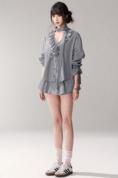 Blue Plaid Lace Blouse + Skirt