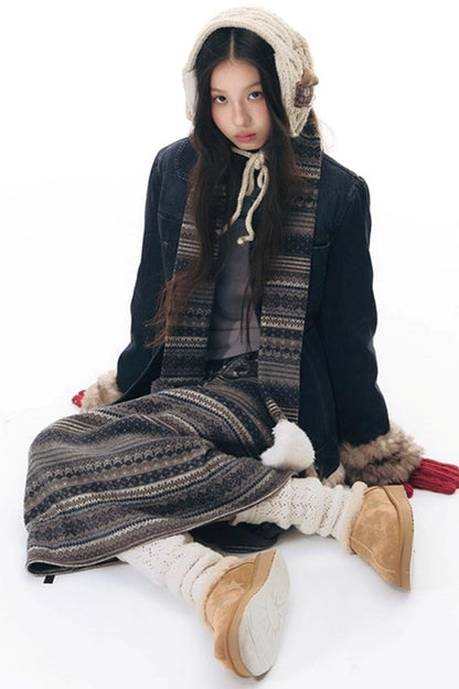 ファーカラーデニムジャケット+スカート