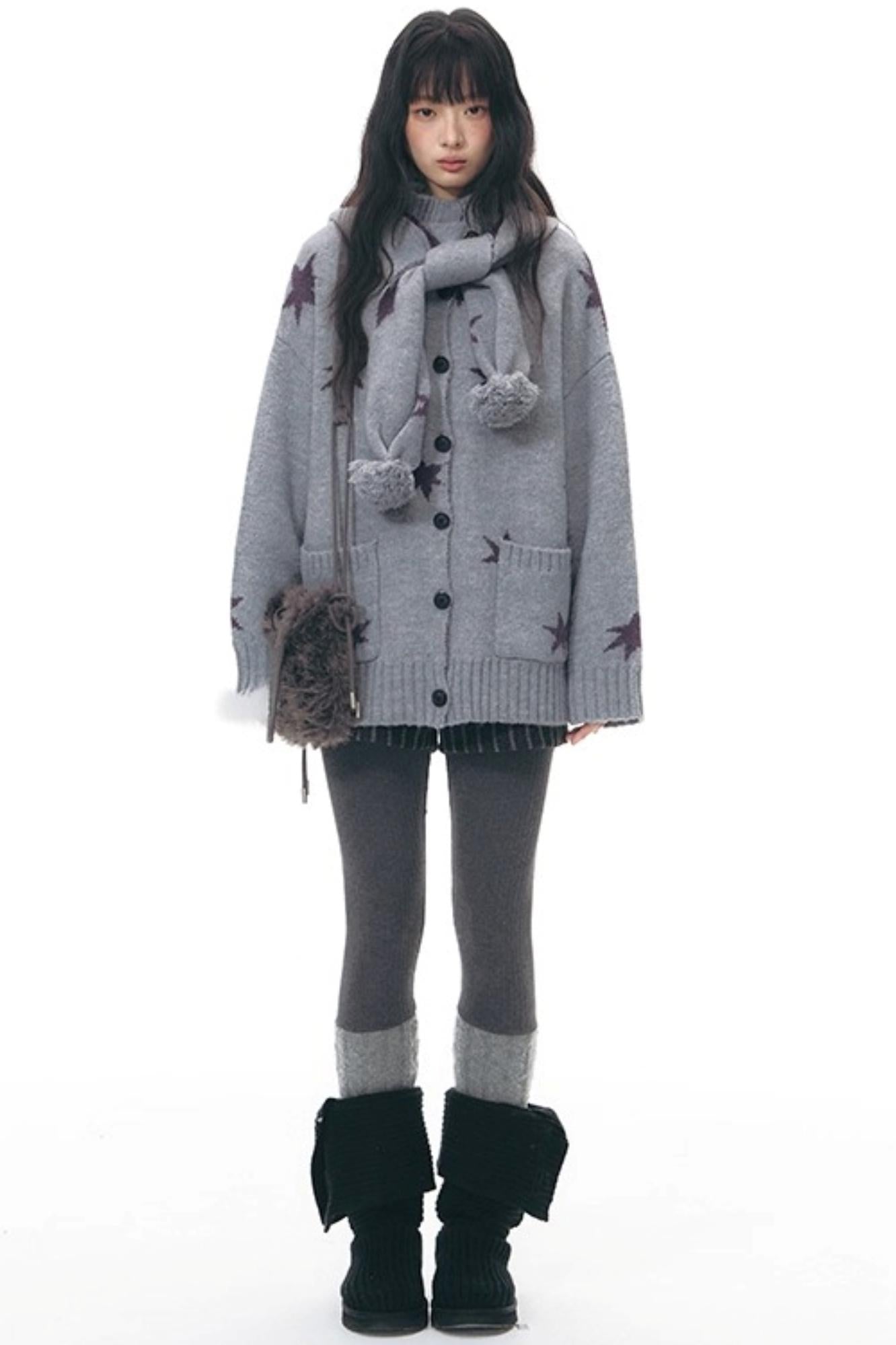 Reversible Star Cardigan + Fur Ball Hooded Scarf