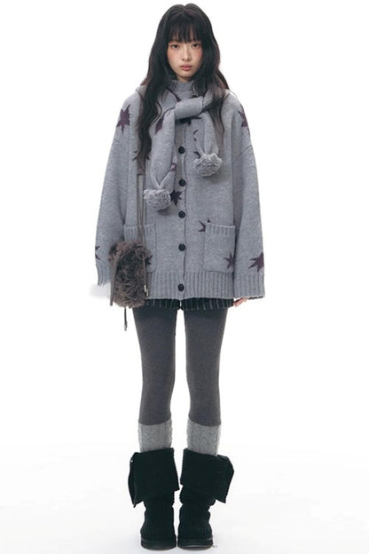 Reversible Star Cardigan + Fur Ball Hooded Scarf
