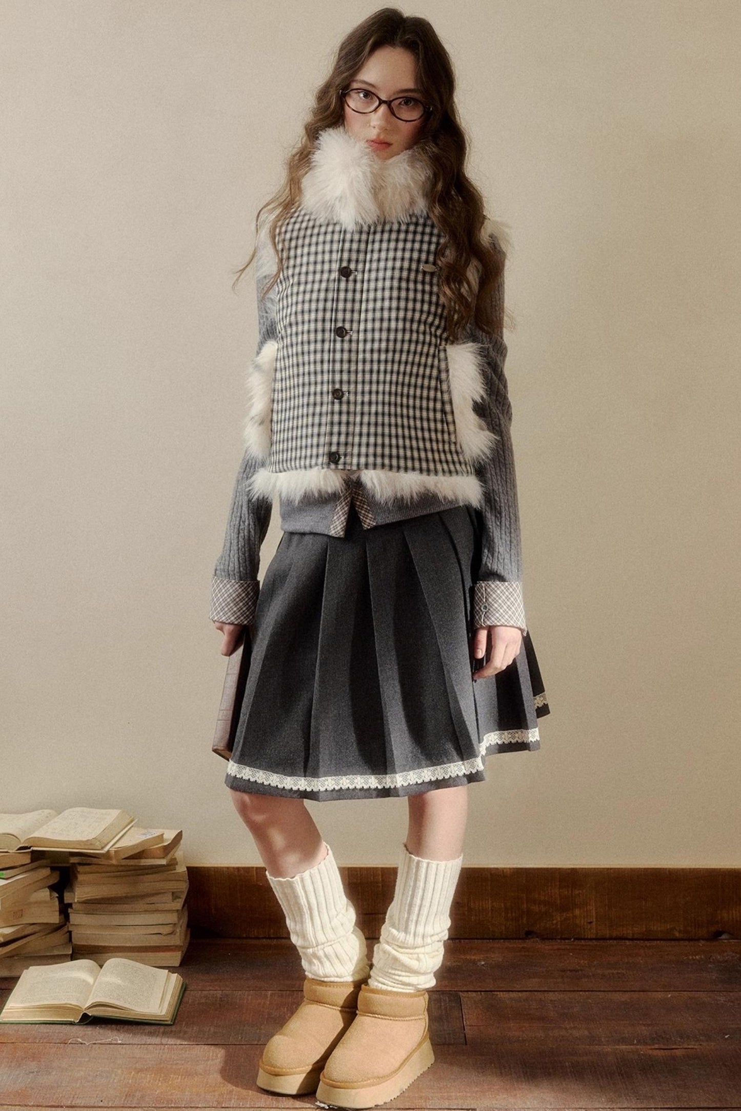 チェックドットファーリバーシブルベスト