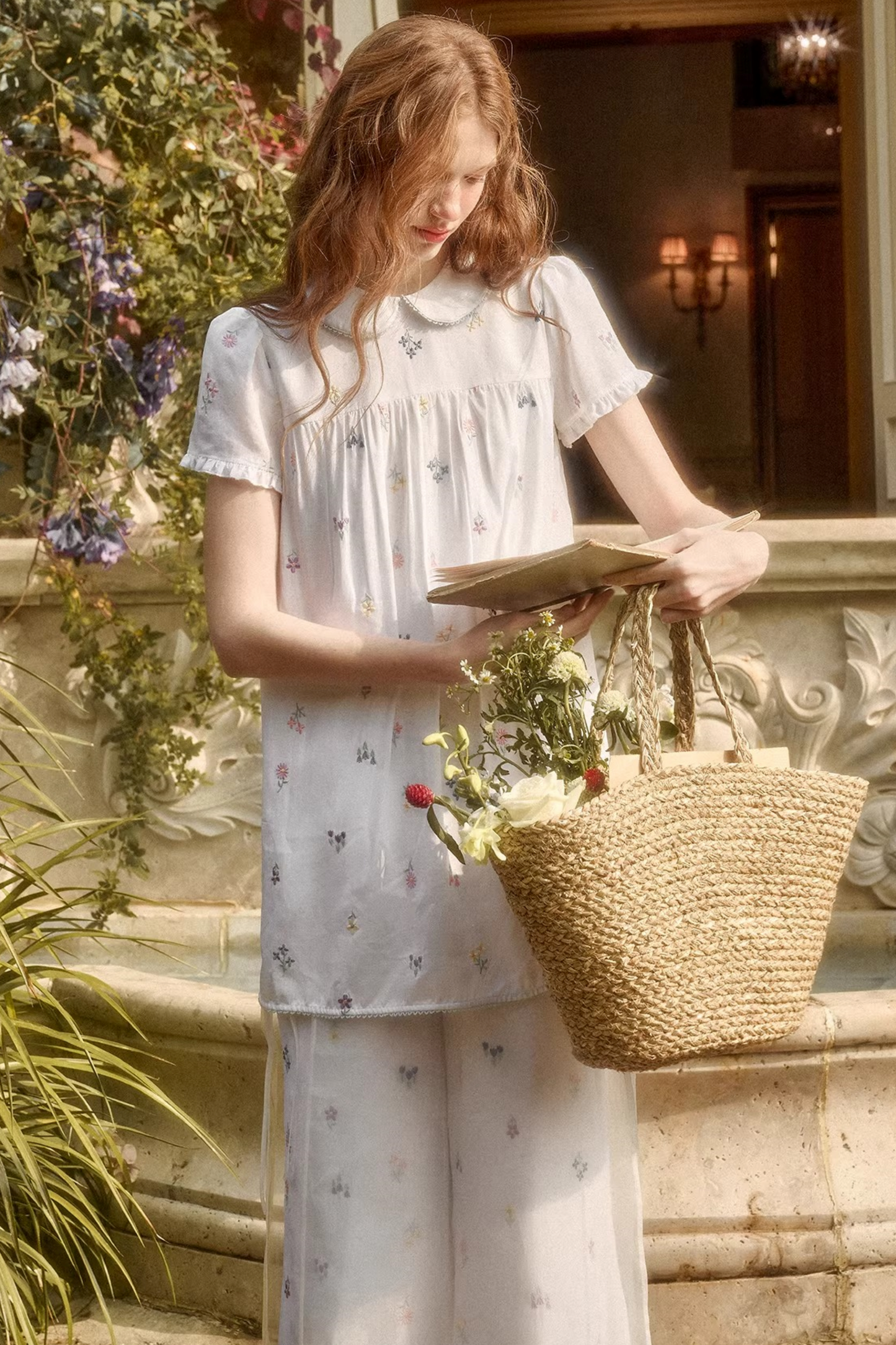 レトロフラワードレス+トップス+パンツ+カーテン+スカーフ