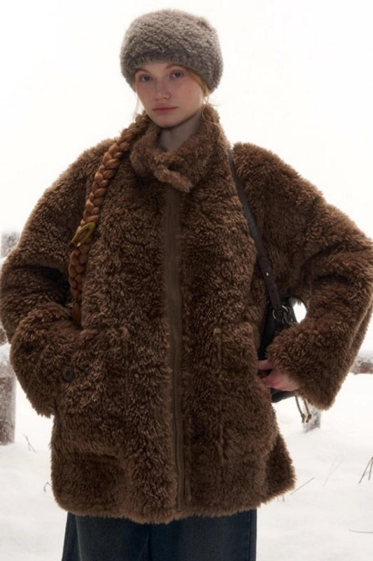 Reversible suede stand collar fur coat