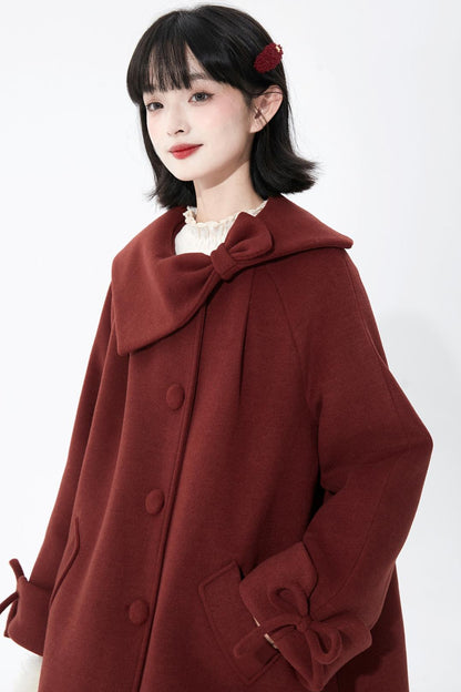 レッドアシンメトリーボウウールコート