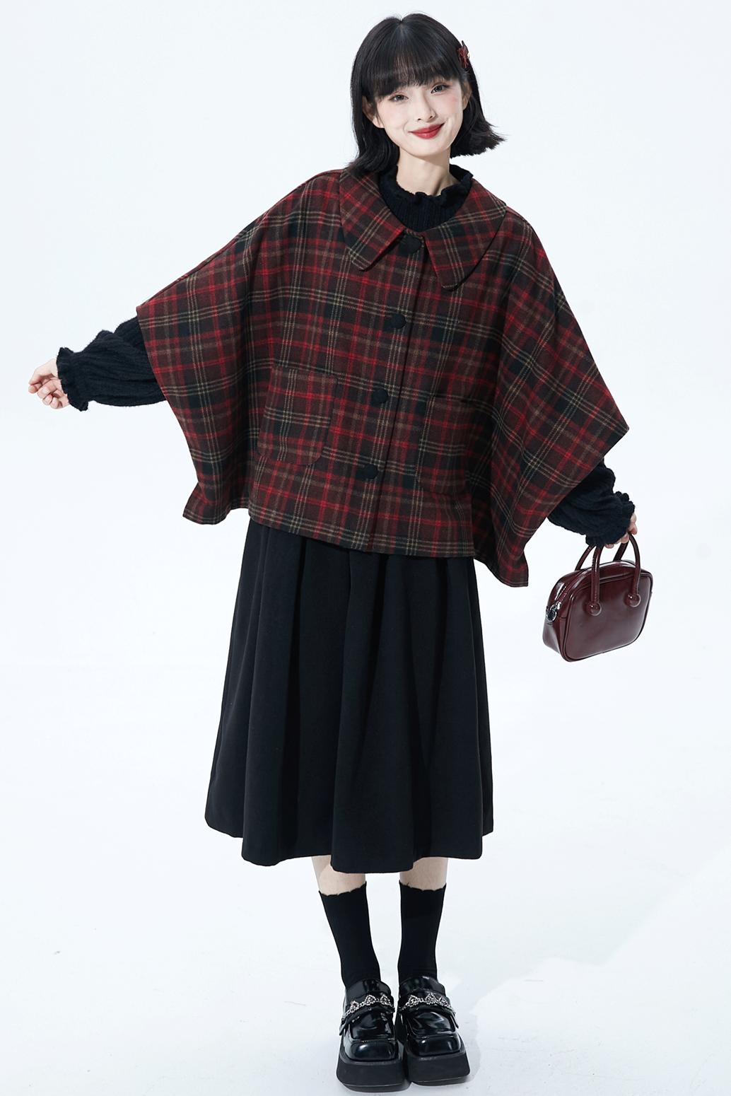 レッドブラウンチェックケープコート