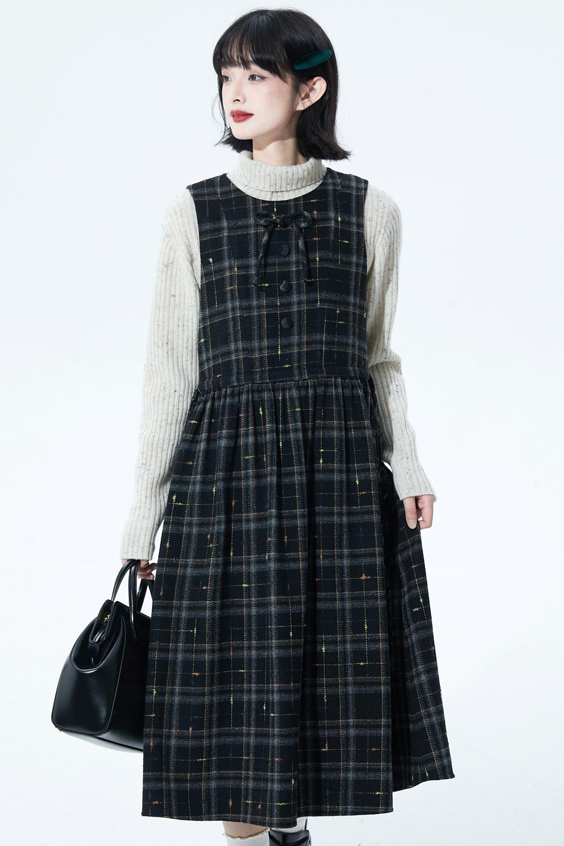 チェックパッチワークウールドレス
