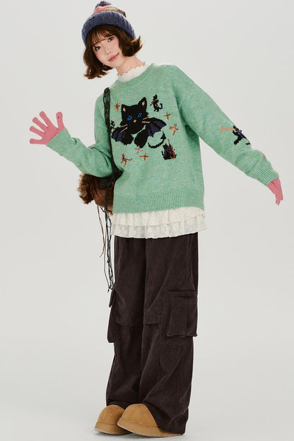 キャットジャガードレトロプルオーバートップス