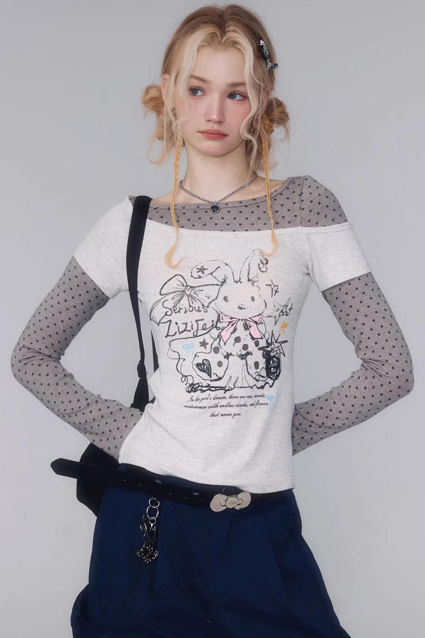 Gray Tone Rabbit Print Blouse