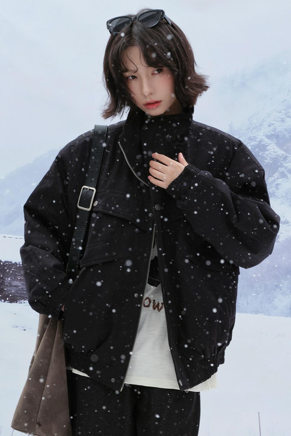 Solid cotton stand collar jacket