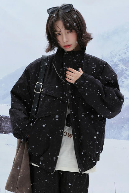 Solid cotton stand collar jacket