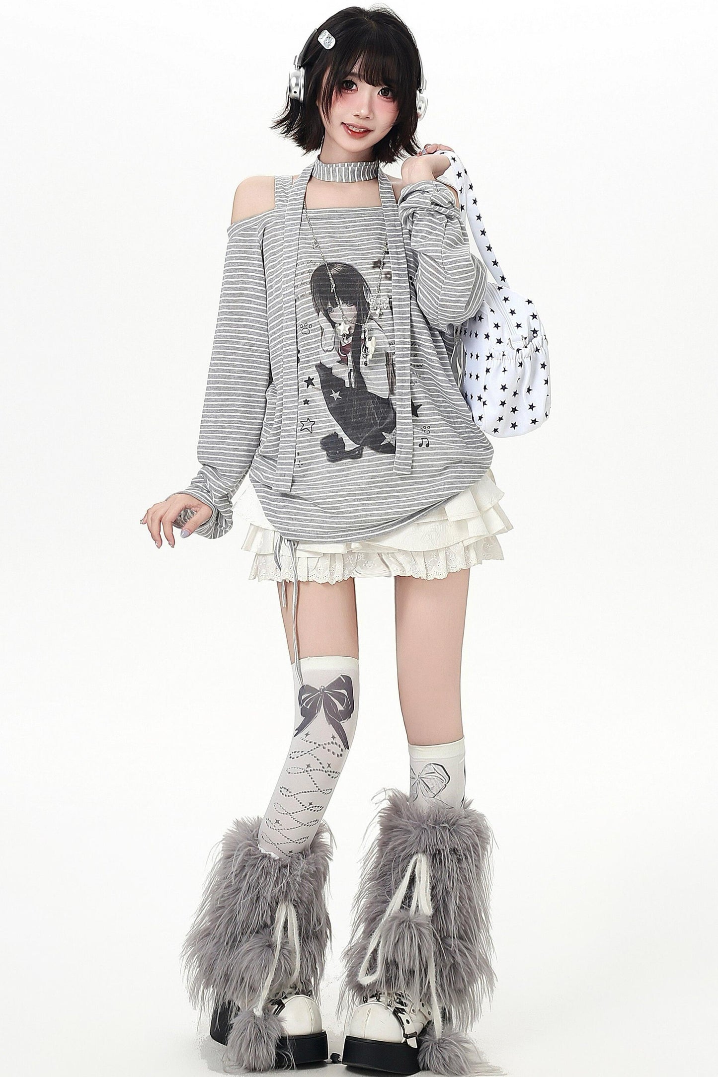 ストライプオフショルダードロストルーズロンT（ストール付き）