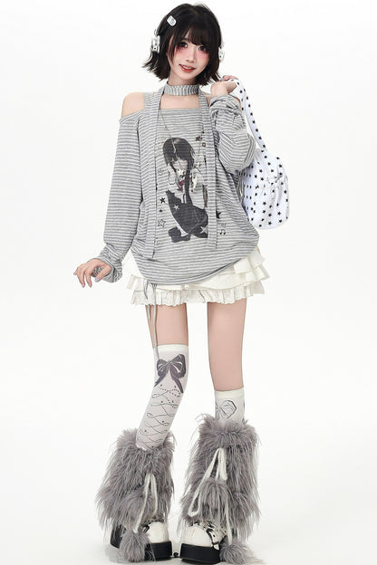 ストライプオフショルダードロストルーズロンT（ストール付き）