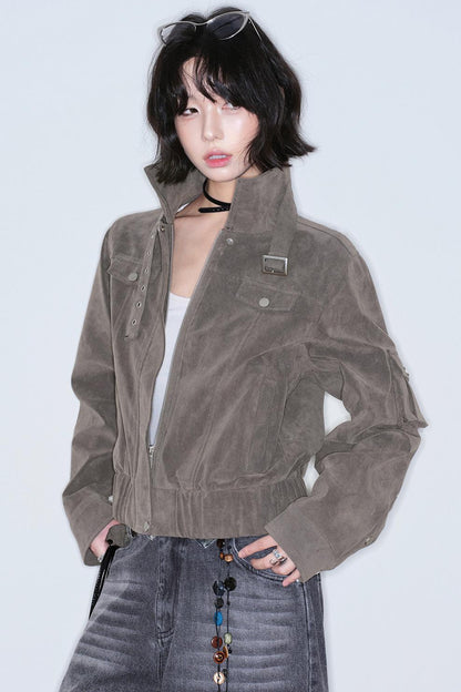 Retro Suede Stand-Up Collar Jacket