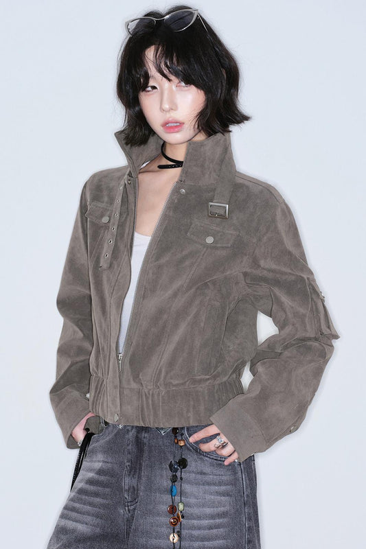 Retro Suede Stand-Up Collar Jacket