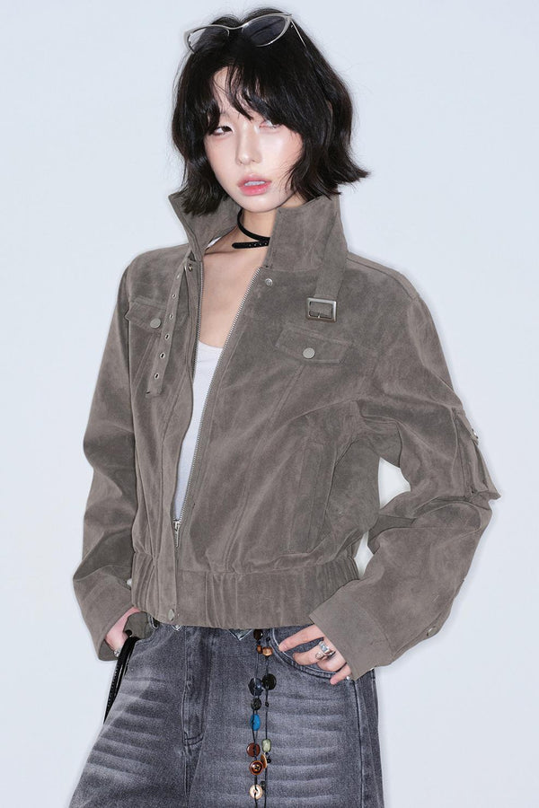 Retro Suede Stand-Up Collar Jacket