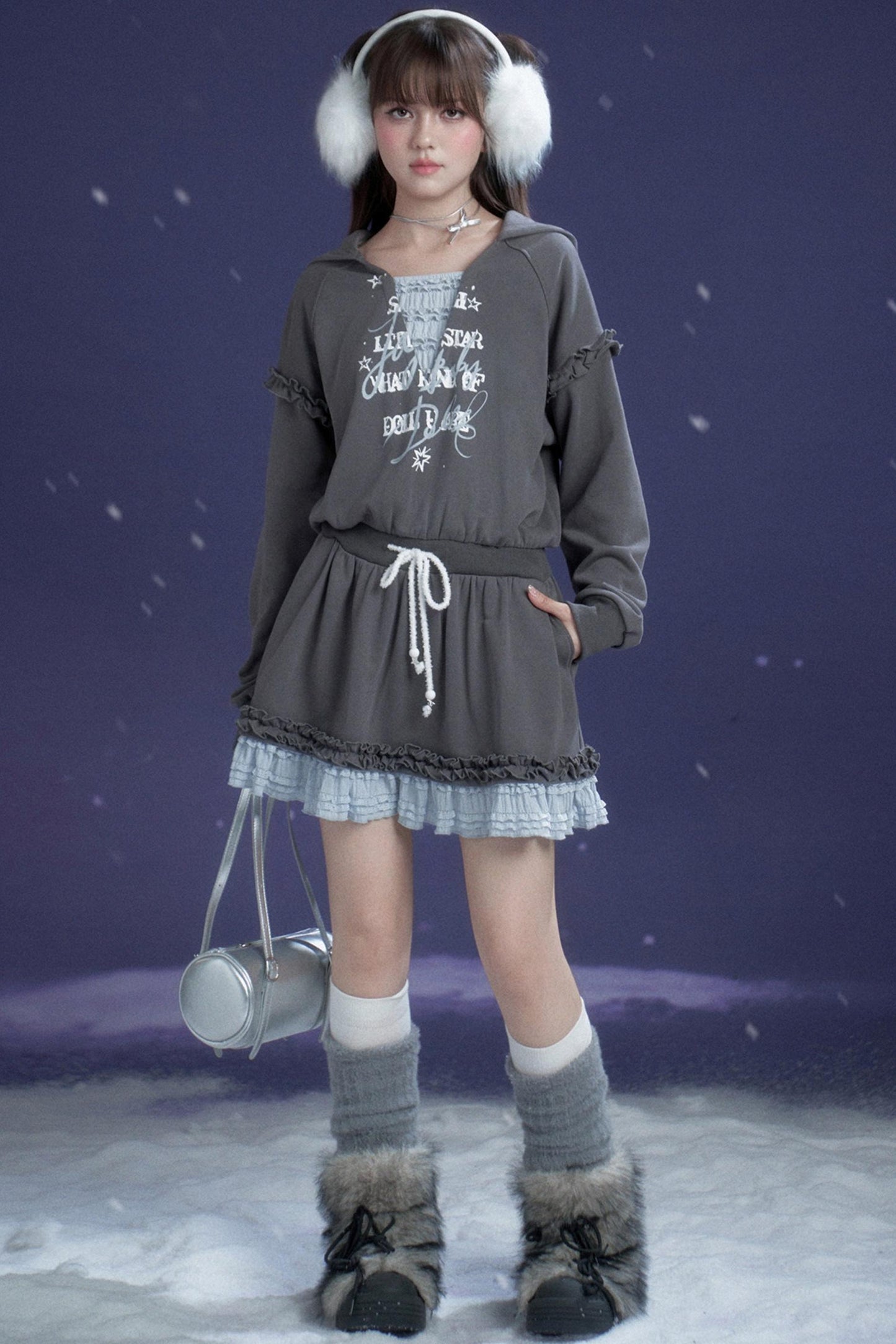 Gray-Blue Lace Hooded Dress