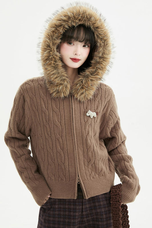 Coffee Fur Collar Cardigan
