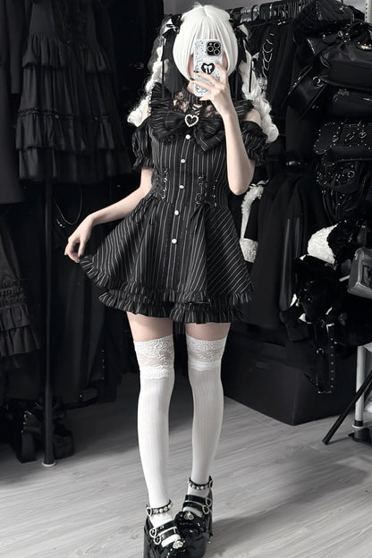 ブラック/ストライプゴシックレースリボンドレスセットアップ