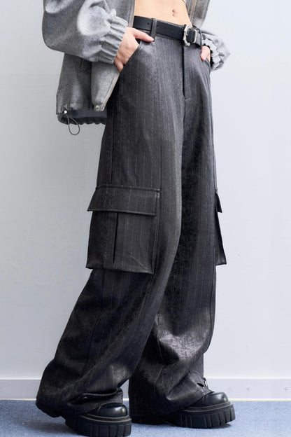 テクスチャードストライプレザーパンツ