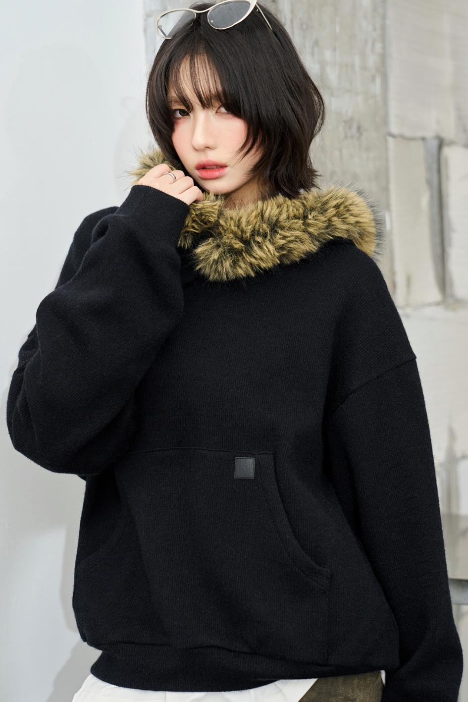 Knit Fur Collar Hooded Sweatshirt