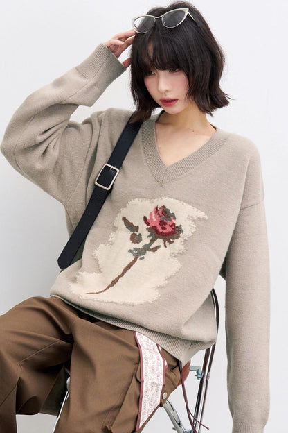 Rose Pattern Buoy Neck Sweater