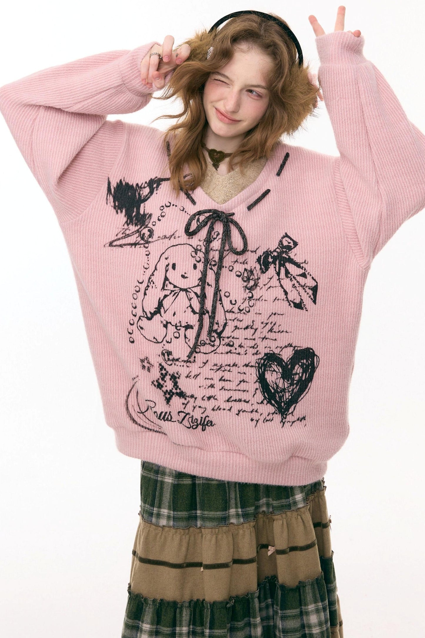 Rabbit V-Neck Stitching Loose Top