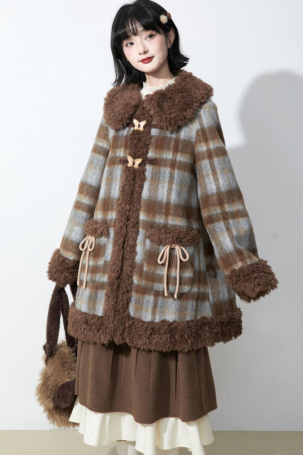 ブラウンチェックファーカラ―コート