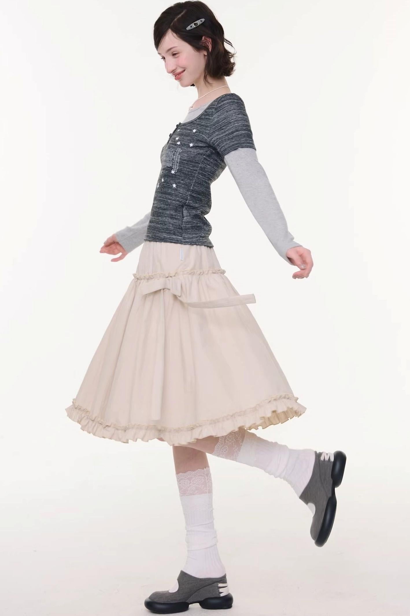 Vintage Bow Knot Khaki Midi Skirt